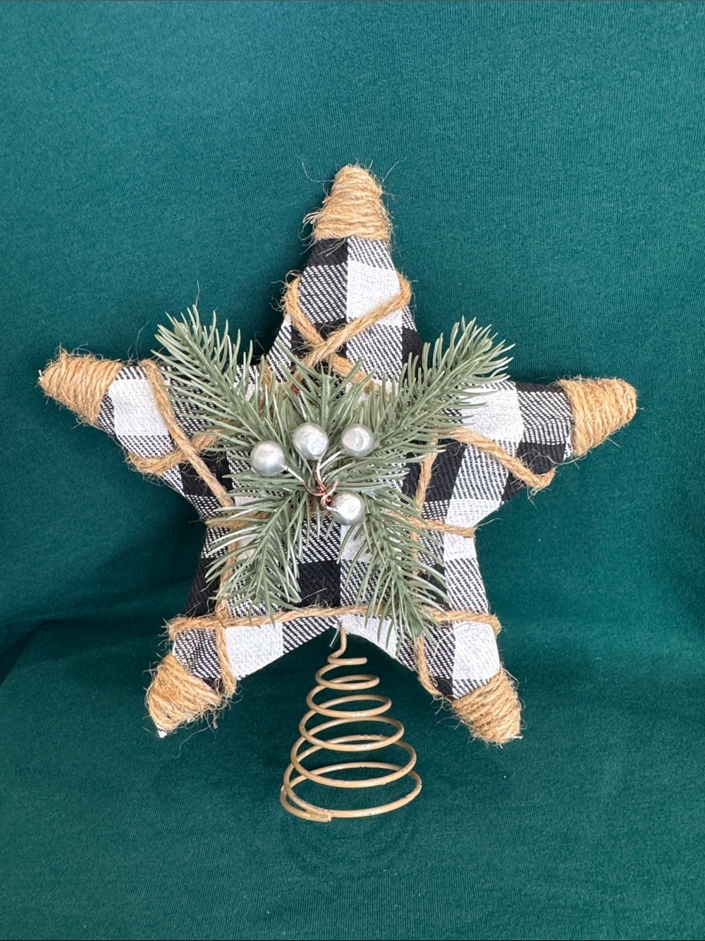 Rustic Star Tree Topper Black & White Buffalo Plaid & Jute Twine w/Pine Sprigs